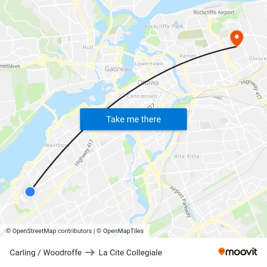 Carling / Woodroffe to La Cite Collegiale map