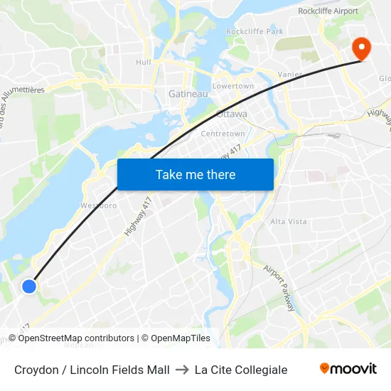Croydon / Lincoln Fields Mall to La Cite Collegiale map