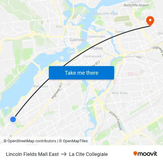 Lincoln Fields Mall East to La Cite Collegiale map