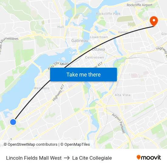 Lincoln Fields Mall West to La Cite Collegiale map