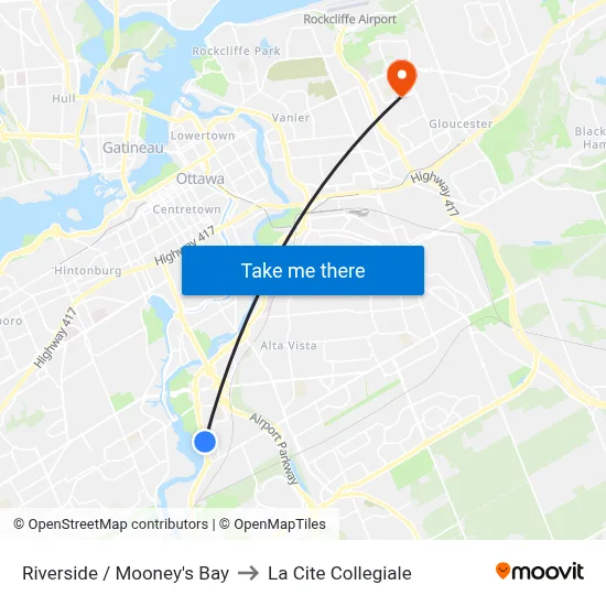 Riverside / Mooney's Bay to La Cite Collegiale map