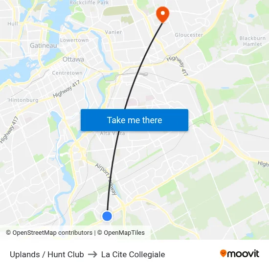 Uplands / Hunt Club to La Cite Collegiale map