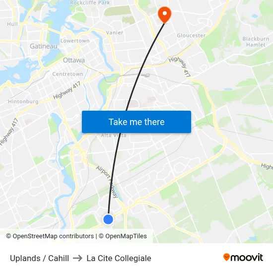 Uplands / Cahill to La Cite Collegiale map