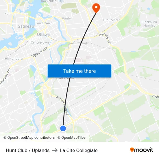 Hunt Club / Uplands to La Cite Collegiale map