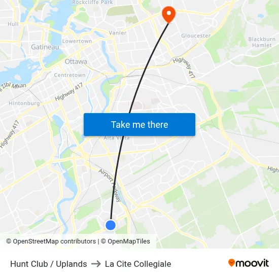 Hunt Club / Uplands to La Cite Collegiale map