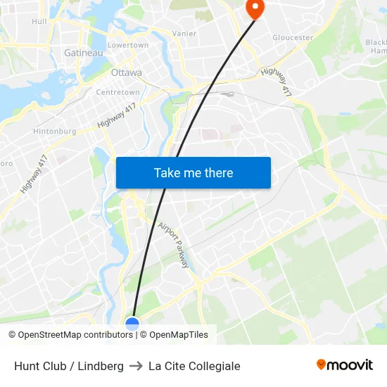 Hunt Club / Lindberg to La Cite Collegiale map