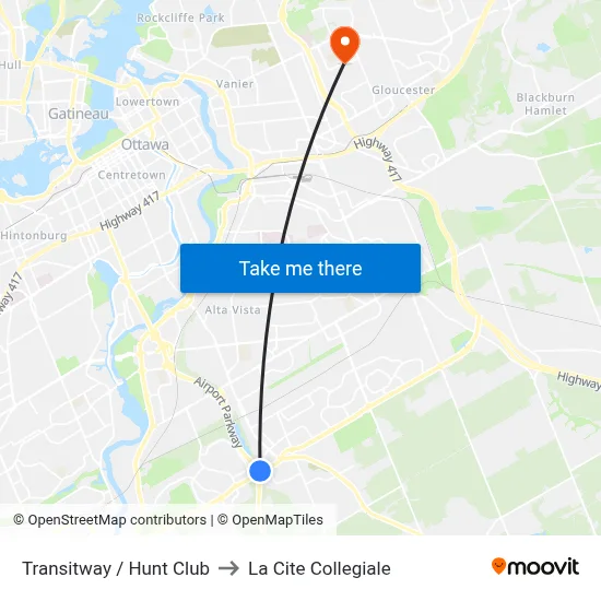Transitway / Hunt Club to La Cite Collegiale map