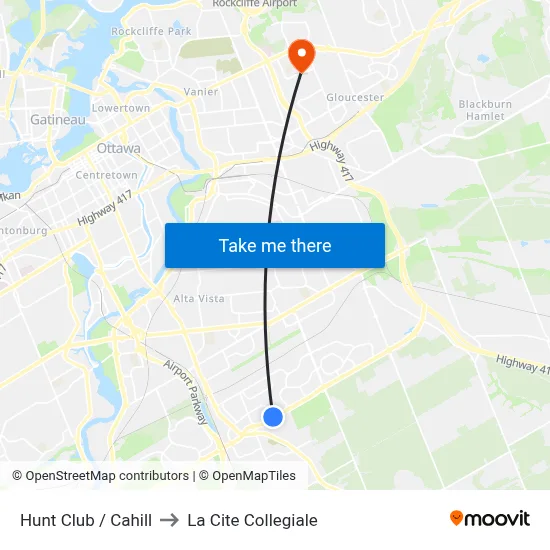 Hunt Club / Cahill to La Cite Collegiale map