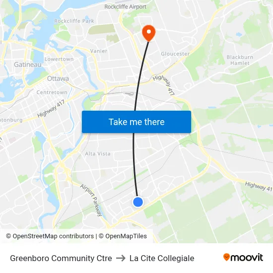 Greenboro Community Ctre to La Cite Collegiale map