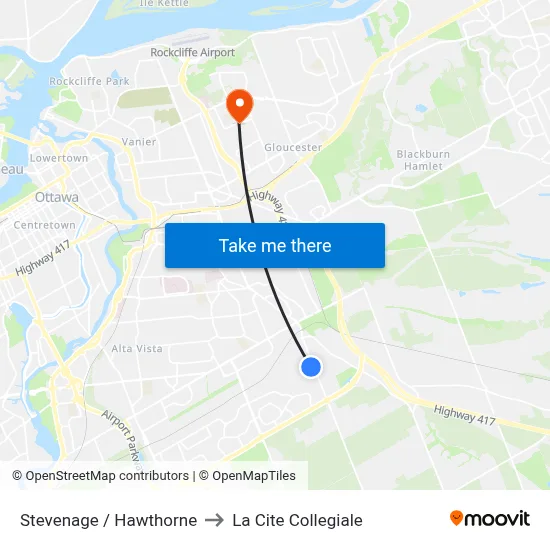 Stevenage / Hawthorne to La Cite Collegiale map