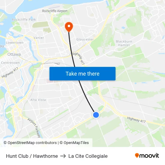 Hunt Club / Hawthorne to La Cite Collegiale map
