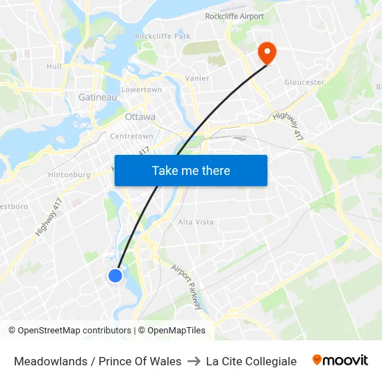 Meadowlands / Prince Of Wales to La Cite Collegiale map