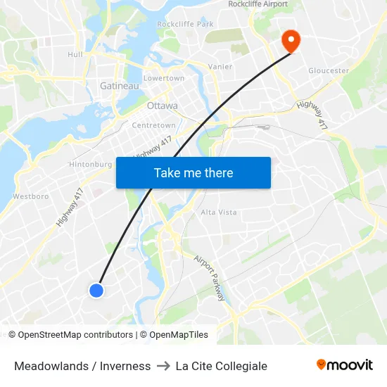 Meadowlands / Inverness to La Cite Collegiale map