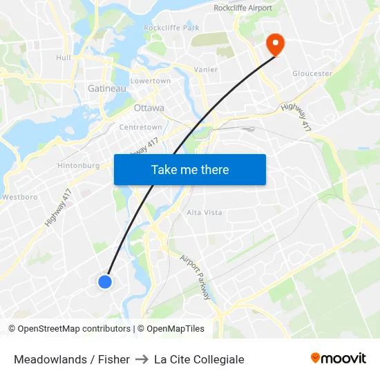 Meadowlands / Fisher to La Cite Collegiale map