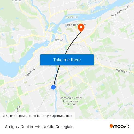 Auriga / Deakin to La Cite Collegiale map