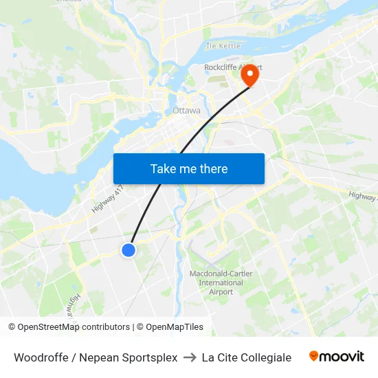 Woodroffe / Nepean Sportsplex to La Cite Collegiale map