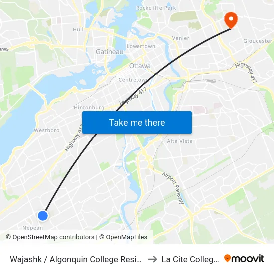 Wajashk / Algonquin College Residence to La Cite Collegiale map