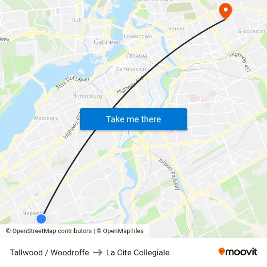 Tallwood / Woodroffe to La Cite Collegiale map