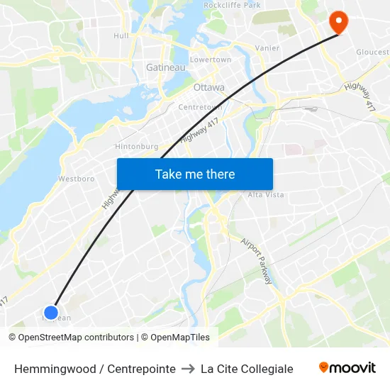 Hemmingwood / Centrepointe to La Cite Collegiale map