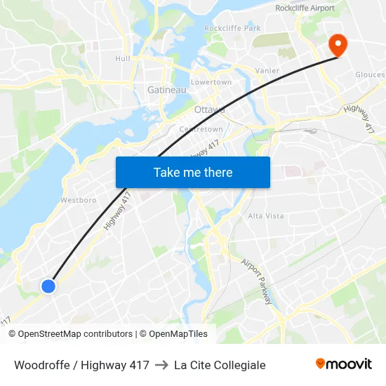 Woodroffe / Highway 417 to La Cite Collegiale map