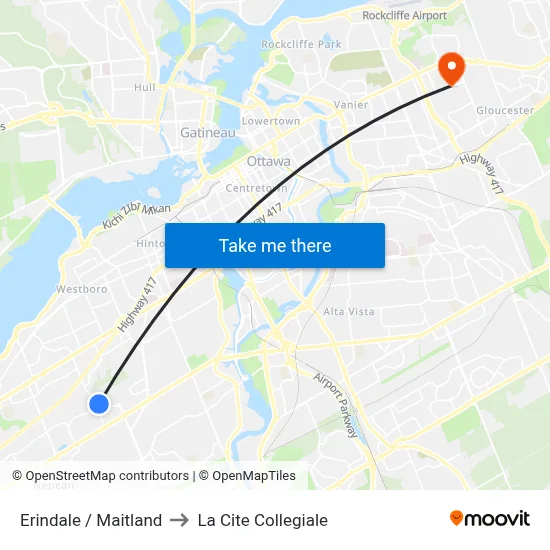 Erindale / Maitland to La Cite Collegiale map