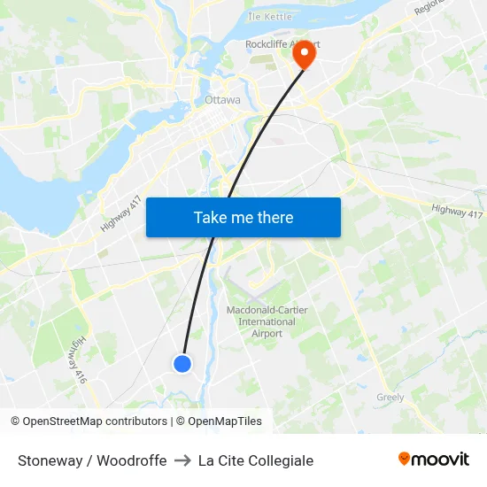 Stoneway / Woodroffe to La Cite Collegiale map