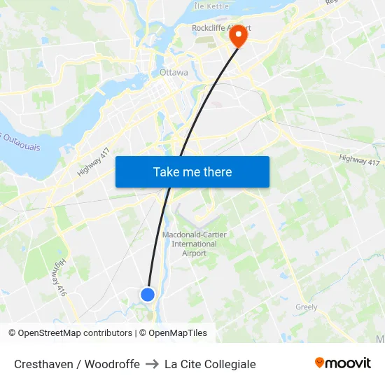 Cresthaven / Woodroffe to La Cite Collegiale map