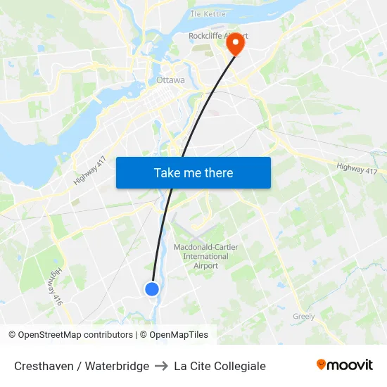Cresthaven / Waterbridge to La Cite Collegiale map