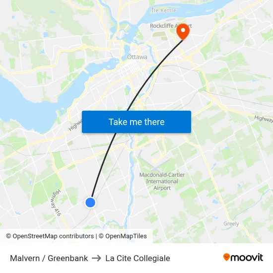 Malvern / Greenbank to La Cite Collegiale map