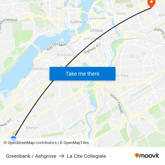 Greenbank / Ashgrove to La Cite Collegiale map