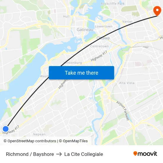 Richmond / Bayshore to La Cite Collegiale map