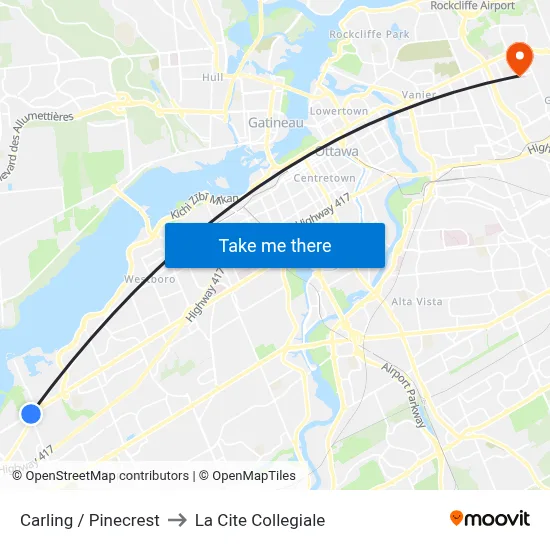 Carling / Pinecrest to La Cite Collegiale map