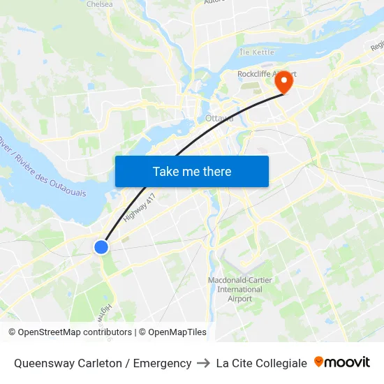 Queensway Carleton / Emergency to La Cite Collegiale map