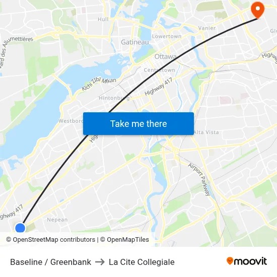 Baseline / Greenbank to La Cite Collegiale map