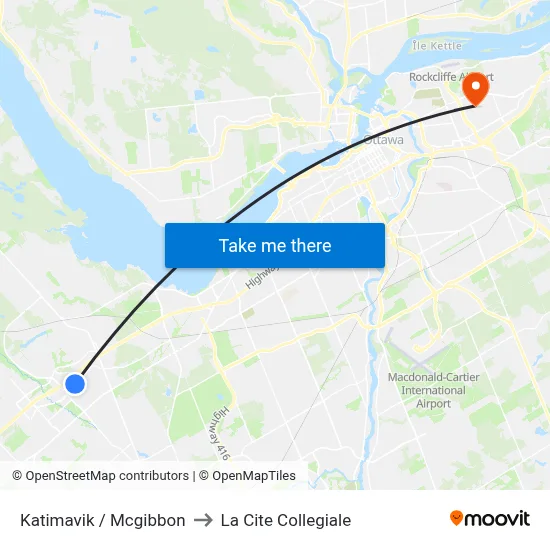 Katimavik / Mcgibbon to La Cite Collegiale map
