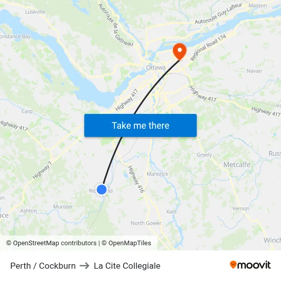 Perth / Cockburn to La Cite Collegiale map