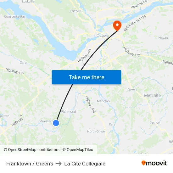 Franktown / Green's to La Cite Collegiale map
