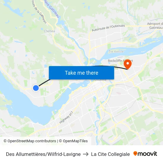 Des Allumettières/Wilfrid-Lavigne to La Cite Collegiale map