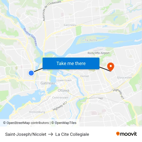 Saint-Joseph/Nicolet to La Cite Collegiale map
