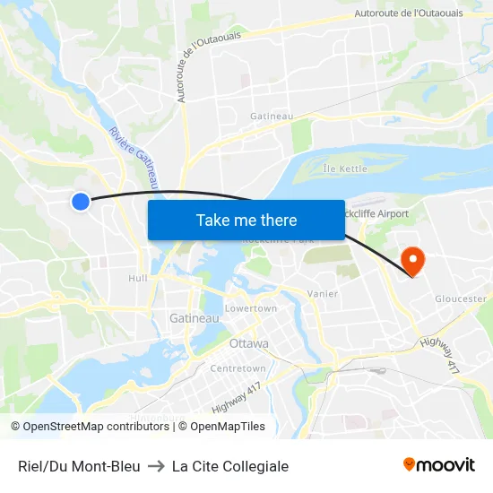 Riel/Du Mont-Bleu to La Cite Collegiale map