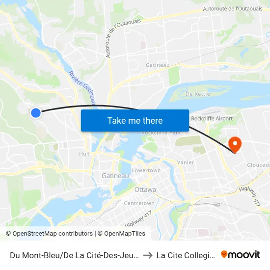 Du Mont-Bleu/De La Cité-Des-Jeunes to La Cite Collegiale map