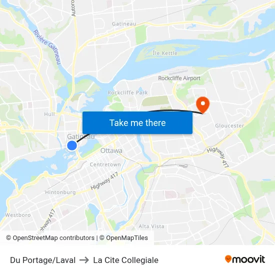 Du Portage/Laval to La Cite Collegiale map