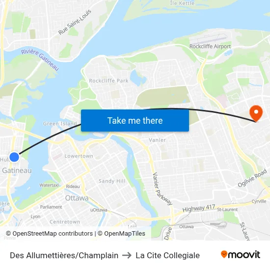 Des Allumettières/Champlain to La Cite Collegiale map