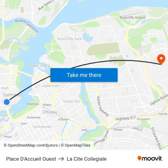 Place D'Accueil Ouest to La Cite Collegiale map