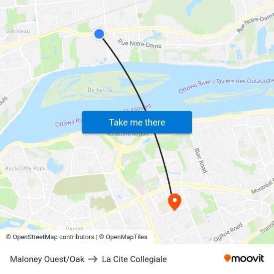 Maloney Ouest/Oak to La Cite Collegiale map
