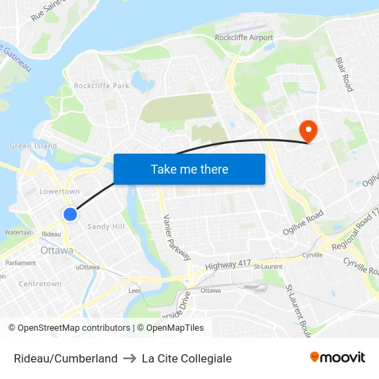 Rideau/Cumberland to La Cite Collegiale map