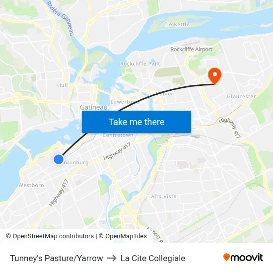 Tunney's Pasture/Yarrow to La Cite Collegiale map