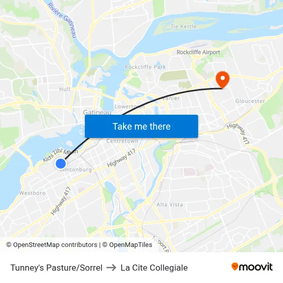 Tunney's Pasture/Sorrel to La Cite Collegiale map
