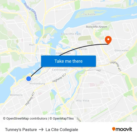 Tunney's Pasture to La Cite Collegiale map