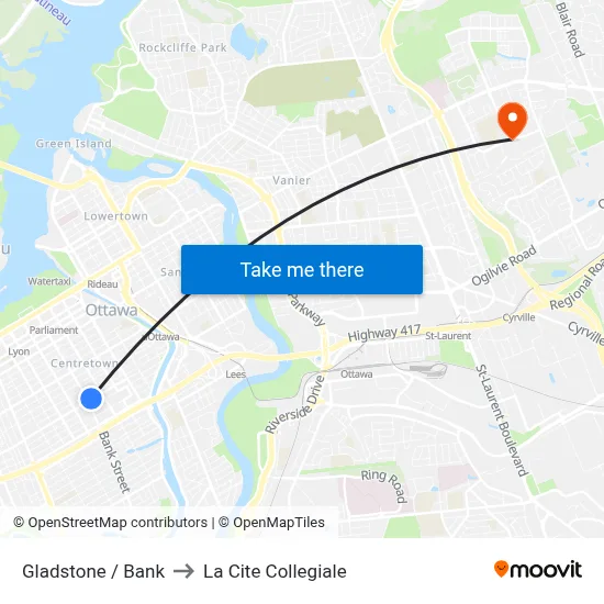 Gladstone / Bank to La Cite Collegiale map